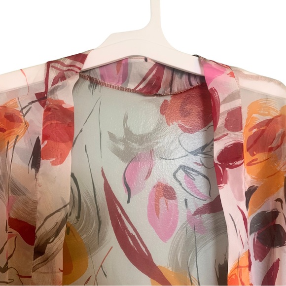 Floral Print Sheer White Red Orange Kimono Jacket Long Sleeves One Size Cover Up - Picture 3 of 8